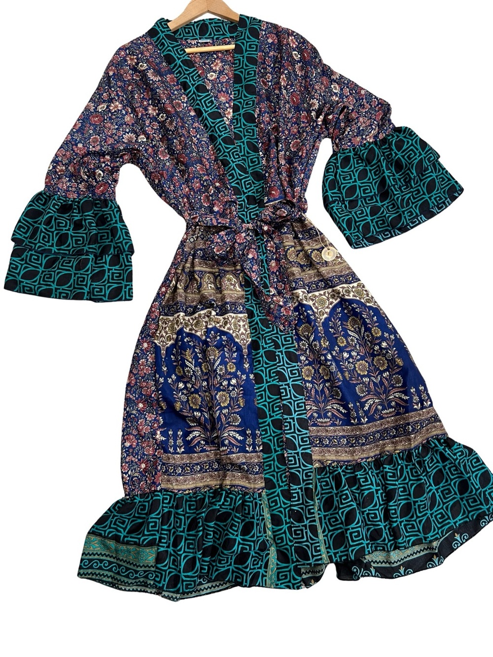 100% Silk Boho Kimono Robe Womens Tie Waist Mixed Print Duster - Picture 8 of 16